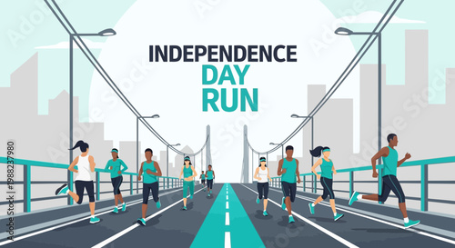 Independence Day Run: A Vibrant Illustration of Marathoners Crossing The Bridge on a Holiday