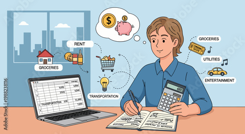 Businessman using calculator and laptop computer.