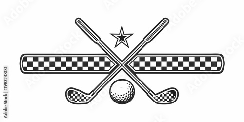 Vintage golf illustration featuring crossed clubs a ball and checkered flag