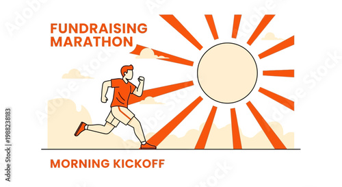 Illustration Representing a Fundraising Marathon with a Sunrise and Energetic Runner Graphic