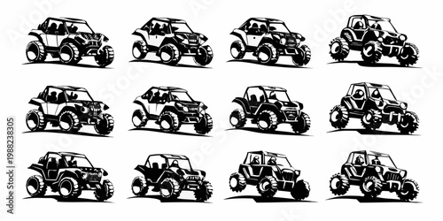 Nine black and white illustrations of off road vehicles in various poses