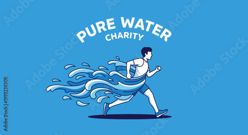 Illustration Representing Pure Water Charity, Athlete Running With Water Splash Effect