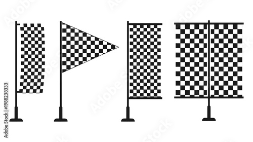 Checkered Racing Flags Set with Different Shapes and Styles, Motorsport Finish Line and Competition Symbol Collection