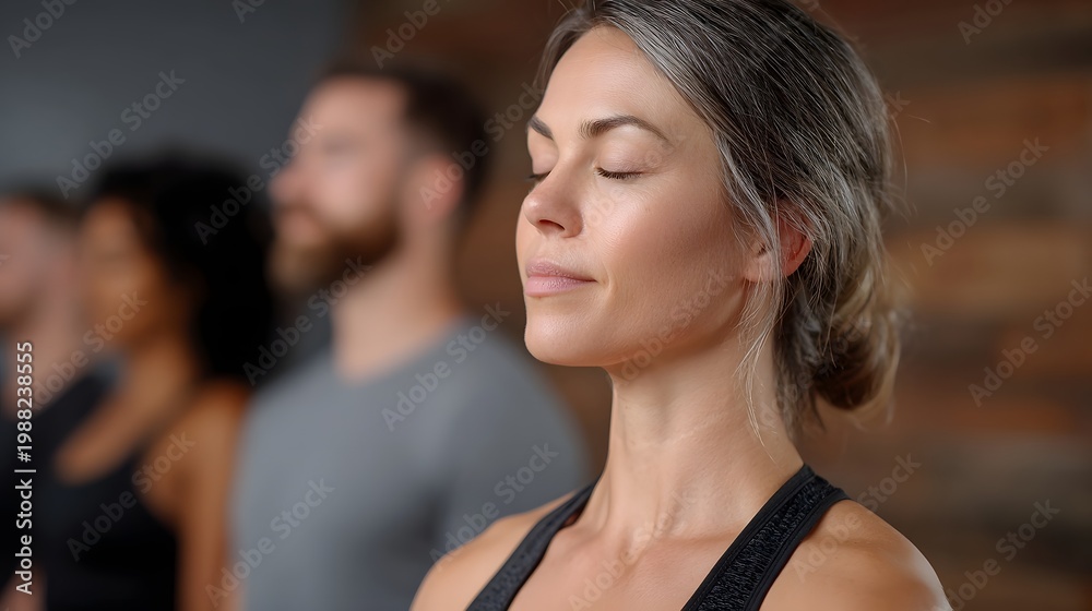 Obraz premium A serene side view of a woman meditating during a group wellness practice in a brightly lit indoor studio