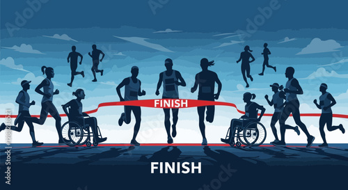 Inclusive Athletes and Runners Crossing Finish Line Depicting Determination and Triumph