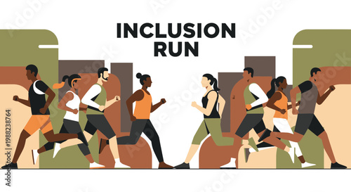 Inclusive Run Depicting Diverse People Participating in a Race and Promoting Unity