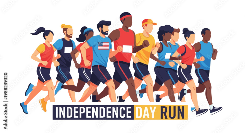 Fototapeta premium Independence Day Run: Diverse Group Of People Participating In Festive Race