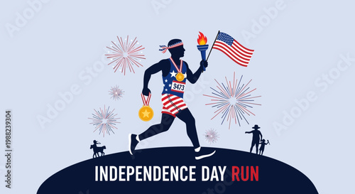 Independence Day Celebration: Patriotic Marathon Runner With Torch and American Flag Adorned With