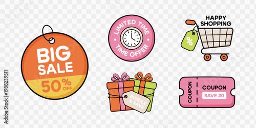 Sale and discount icons set with coupon, shopping cart, gift and price tags