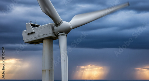 Wind turbine generates clean, renewable energy under dramatic sky with sun rays piercing stormy clouds over ocean, symbolizing sustainable power and greener future