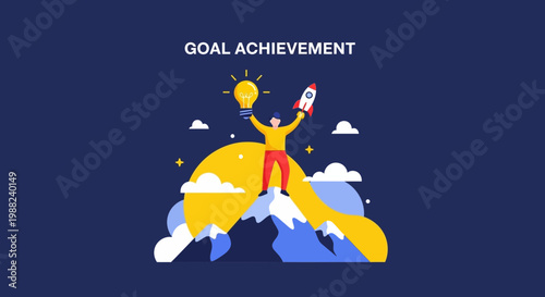 Innovative Success Illustration: Reaching New Heights with Idea and Rocket Concepts