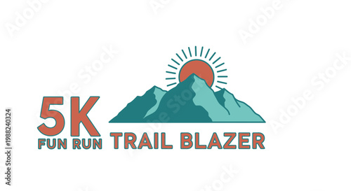 Inspiring 5K Fun Run Trail Blazer Logo Depicting Mountains, Sun, And Outdoor Adventure