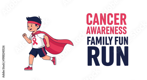 Inspiring Cancer Awareness Run Event Featuring a Super Kid and Symbolic Red Ribbon Design