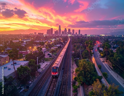 Aerial view of a train moving through a city at sunset