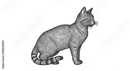 Detailed etching of a domestic cat in profile isolated on white background