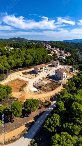 Aerial view of new houses under construction in a wooded area