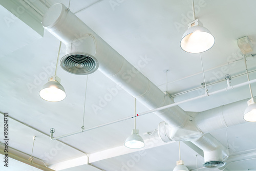 Canvas Print Air duct, air conditioner pipe and fire sprinkler system on white ceiling wall