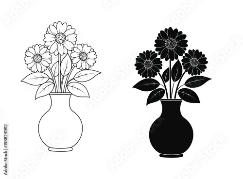 Flower vase vector illustration with black and white line art designs