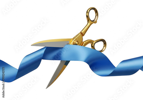 Golden scissors cutting through a blue ribbon on a transparent background for a ceremonial event or grand opening celebration