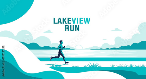 Inspiring Lakeview Run Illustration Depicting Healthy Lifestyle and Exercise Activities and Freedom