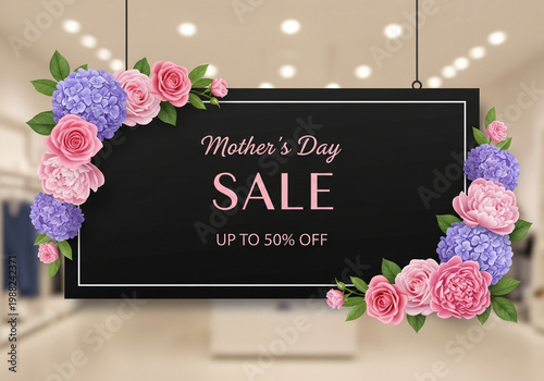 Mothers day sale sign with flowers and discount offer in store