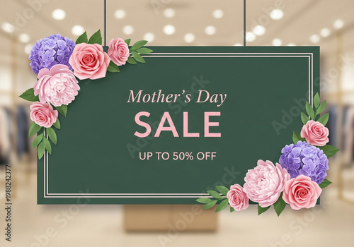 Mothers day sale sign with flowers and discount offer in store