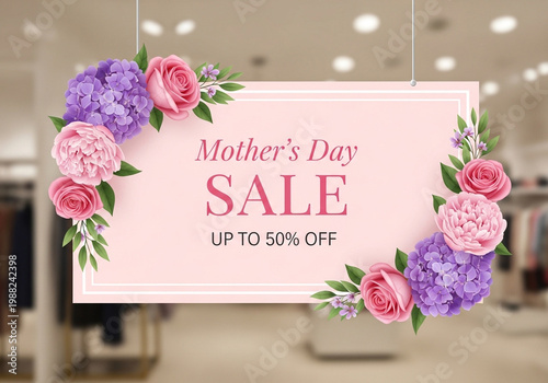 Mothers day sale sign with flowers and discount offer in store