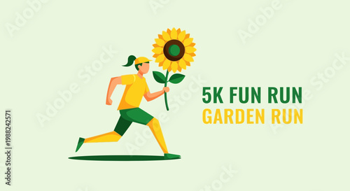 Joyful Runner Celebrating Nature with Sunflower in a 5K Fun Run Garden Event