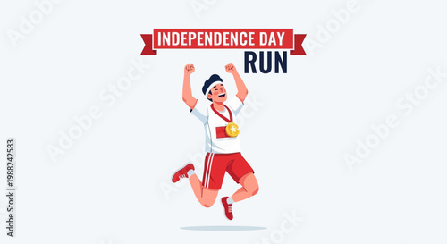 Joyful Runner Celebrating Independence Day With Medal Illustrative Design Concept