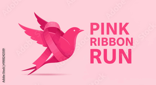 Inspiring Visual Representation of the Pink Ribbon Run with a Bird Emblem and Charity Message
