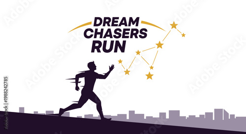 Inspiring Dream Chasers Silhouette Running Towards A Starry Constellation, Reaching, Goal