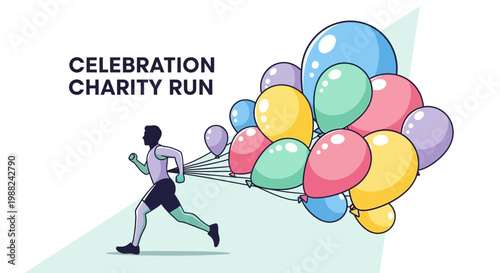 Joyful Runner Pulling Colorful Balloons For Charity Event Celebration Artwork