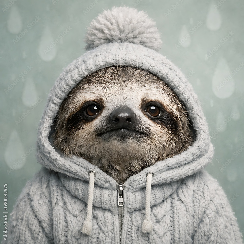 Fototapeta premium Sloth in Hooded Sweater : An adorable sloth, wrapped in a cozy hooded sweater, gazes intently. The sloth exudes an aura of warmth and comfort in a tranquil rain shower.
