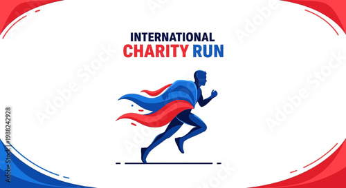 International Charity Run Concept, Heroic Running Illustration, Supporting Global Giving,
