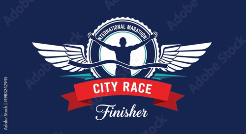 International City Marathon Race Logo With Wings Celebrating Marathon Finisher Victory Here