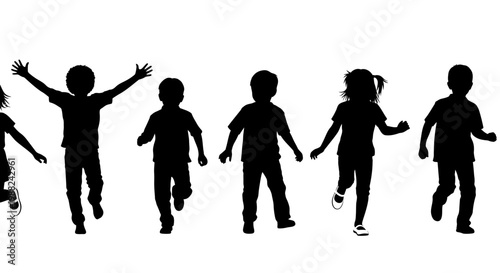 Joyful Silhouette of Children Running and Playing Freely against a White Background