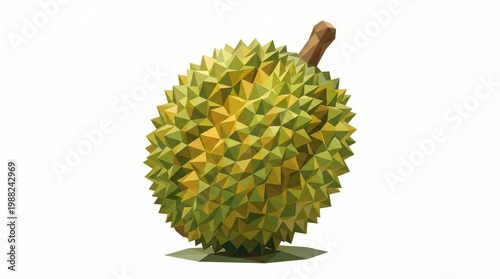 Quadro em tela A low-poly 3D illustration of a durian fruit with sharp green and yellow spikes
