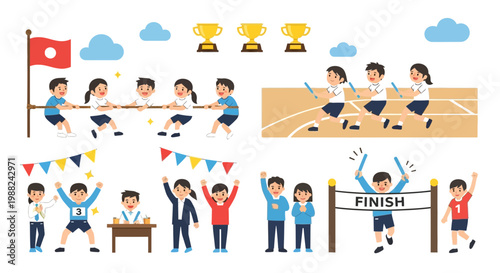 Joyful School Sports Day Celebration Depicting Tug Of War, Relay Race, and Victory