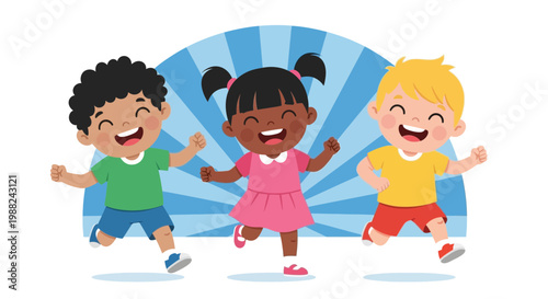 Joyful Trio of Happy Children Running and Dancing with Pure Enthusiasm and Glee