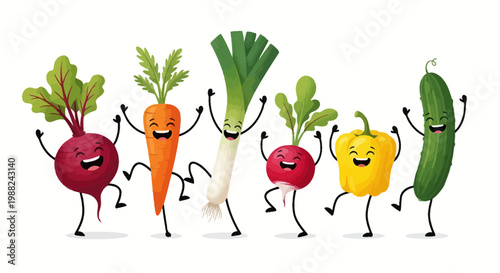 Joyful Vegetables Dancing: A Cheerful, Animated Illustration on a White Background