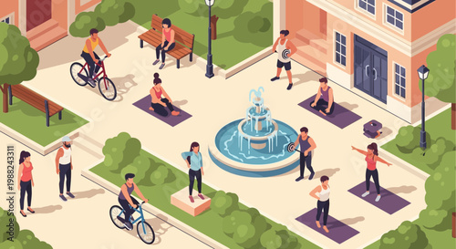 Isometric Park Scene Depicting Various Activities And A Wellness Focus In Outdoors
