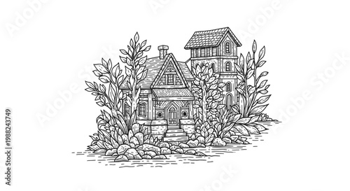 Detailed ink illustration of a classic house surrounded by nature elements