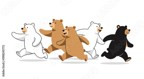 Joyful Bears Running Together In A Group With Diverse Fur Colors And Animation