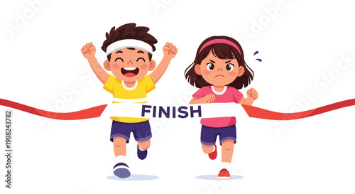 Joyful Boy Wins Race as Disappointed Girl Competes in Sport Event