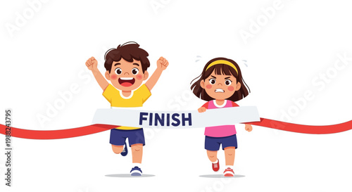 Joyful Boy Celebrating Victory While A Frustrated Girl Struggles To Reach The Finish Line