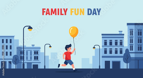 Joyful Child Celebrates Family Fun Day with Yellow Balloon and Plays in Urban Setting