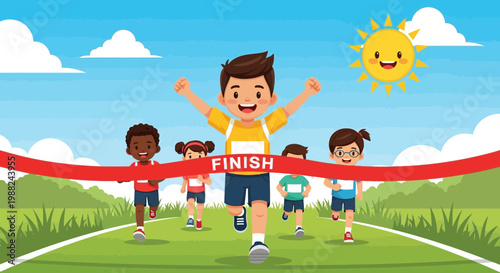 Joyful Children Celebrating Athletic Triumph After Crossing Finish Line During a Race