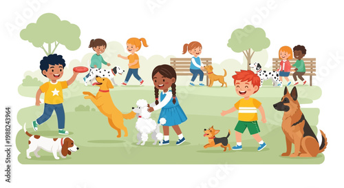 Joyful Children Interacting With Diverse Dogs in a Sunny Park Setting