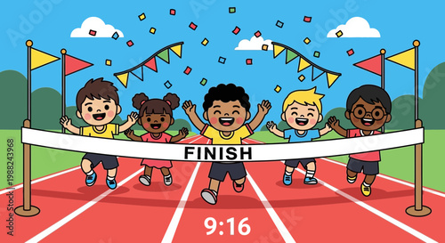 Joyful Children Crossing Finish Line in a Vivid Animated Sprint Competition