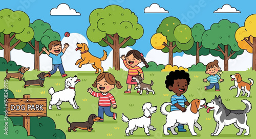 Joyful Children and Diverse Dogs Play Together in a Vibrant Dog Park Scene